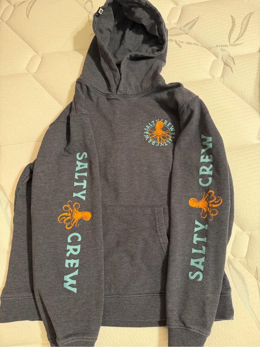 Salty Crew Kids Gray Hooded Sweatshirt with Teal and Orange Octopus Logo